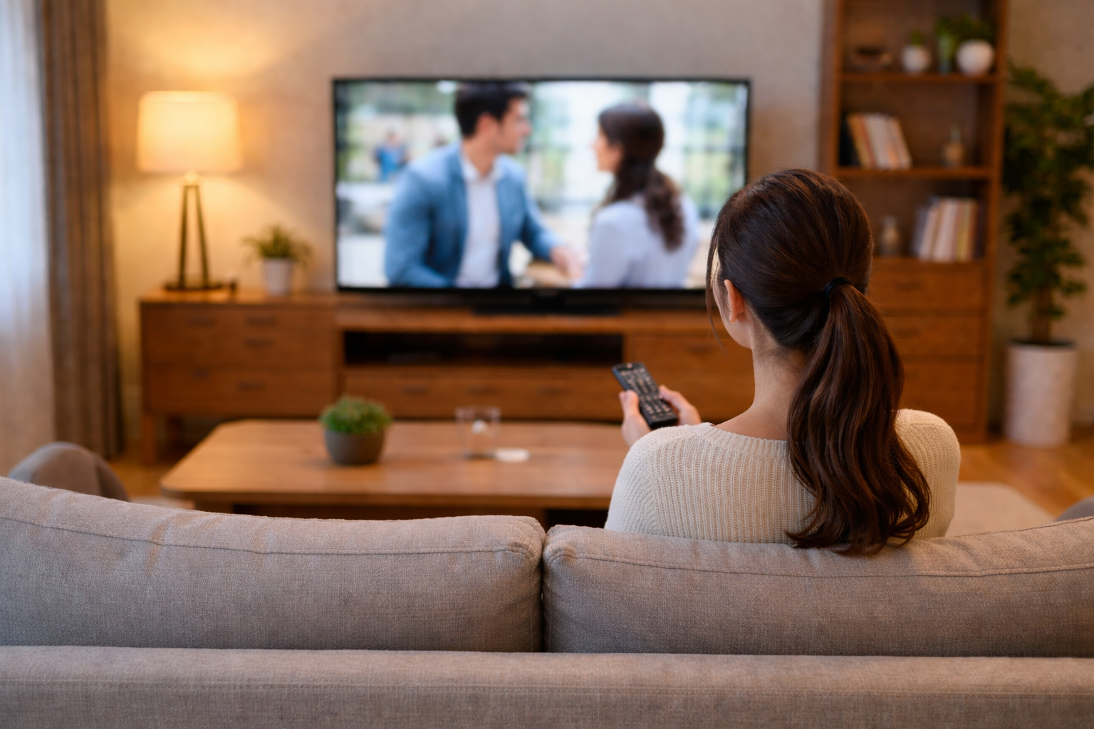 リビングで女性がテレビを観ている